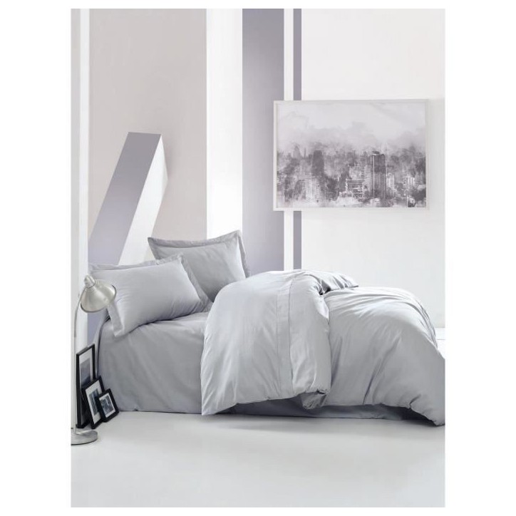 Parure de lit - 1 housse de couette 220 x 240 cm + 2 taies d'oreiller 60 x 60 cm - Satiné 100% coton - Gris Parure de lit - 1 housse de couette 220 x 240 cm + 2 taies d'oreiller 60 x 60 cm - Satiné 100% coton - Gris