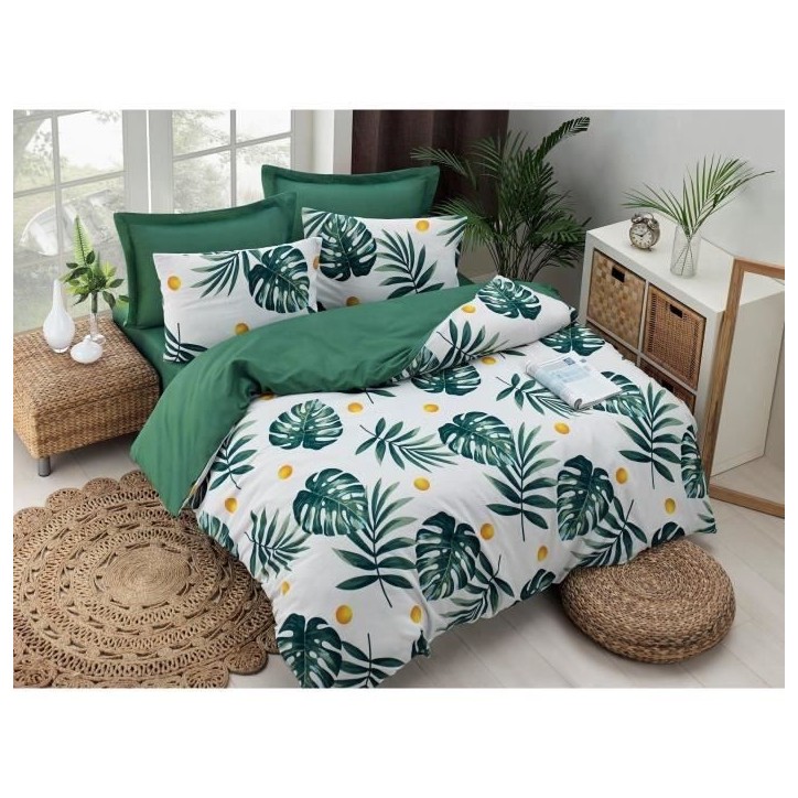 Parure de lit - 1 housse de couette 220 x 240 cm + 2 taies d'oreiller 60 x 60 cm - 65% coton, 35% polyester - Vert