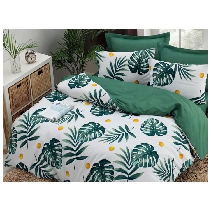 Parure de lit - 1 housse de couette 220 x 240 cm + 2 taies d'oreiller 60 x 60 cm - 65% coton, 35% polyester - Vert