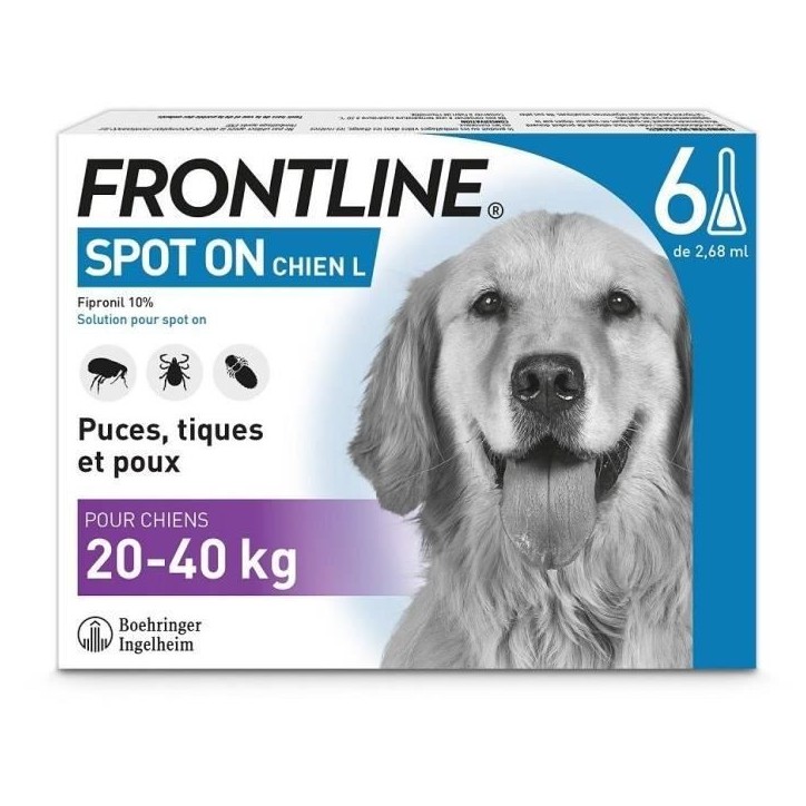 Frontline Spot On chien - Anti-puces anti-tiques pour chien L - 20-40kg - 6 pipettes