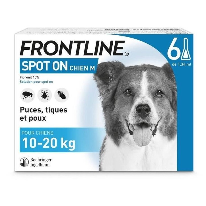 Frontline Spot On chien - Anti-puces anti-tiques pour chien M - 10-20kg - 6 pipettes