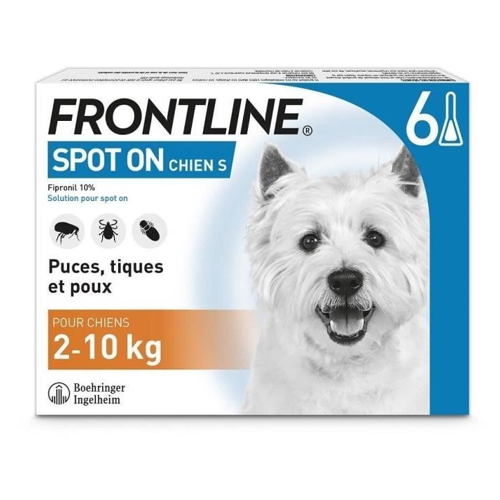 Frontline Spot On chien - Anti-puces anti-tiques pour chien S - 2-10kg - 6 pipettes