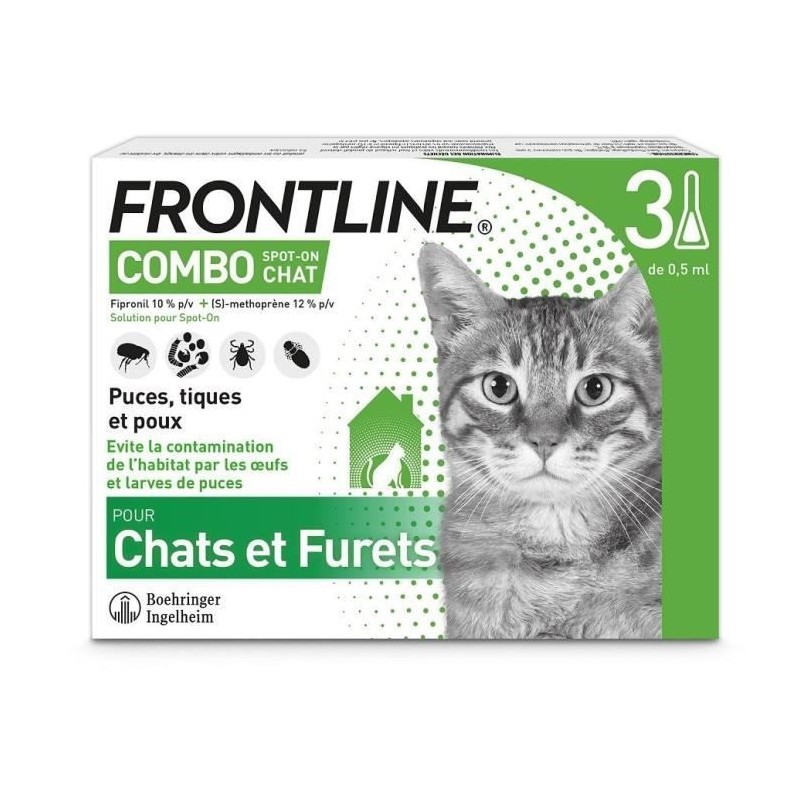 Frontline Combo chat - Anti-puces anti-tiques pour chat - 3 pipettes