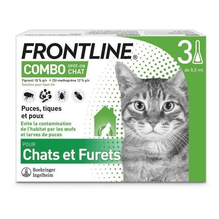 Frontline Combo chat - Anti-puces anti-tiques pour chat - 3 pipettes Frontline Combo chat - Anti-puces anti-tiques pour chat - 3 pipettes