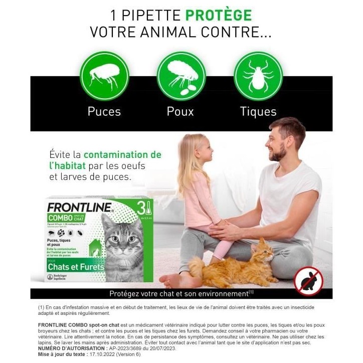 Frontline Combo chat - Anti-puces anti-tiques pour chat - 3 pipettes Frontline Combo chat - Anti-puces anti-tiques pour chat - 3 pipettes