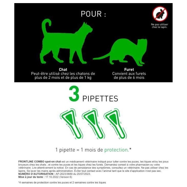 Frontline Combo chat - Anti-puces anti-tiques pour chat - 3 pipettes Frontline Combo chat - Anti-puces anti-tiques pour chat - 3 pipettes