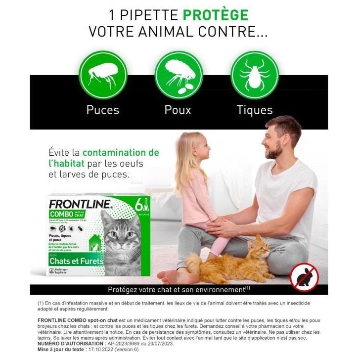 Frontline Combo chat - Anti-puces anti-tiques pour chat - 6 pipettes Frontline Combo chat - Anti-puces anti-tiques pour chat - 6 pipettes