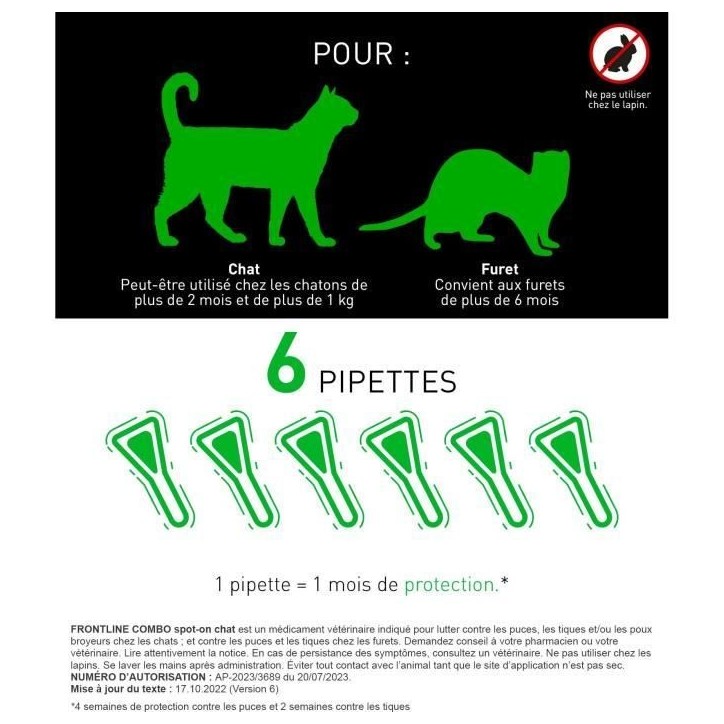Frontline Combo chat - Anti-puces anti-tiques pour chat - 6 pipettes Frontline Combo chat - Anti-puces anti-tiques pour chat - 6 pipettes