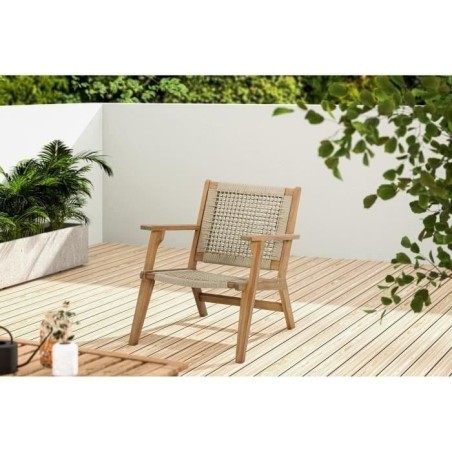 Fauteuil de jardin bas en bois d'Acacia FSC et en corde - MERIDA - Beige Kaki