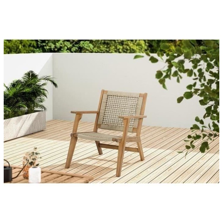 Fauteuil de jardin bas en bois d'Acacia FSC et en corde - MERIDA - Beige Kaki Fauteuil de jardin bas en bois d'Acacia FSC et en corde - MERIDA - Beige Kaki