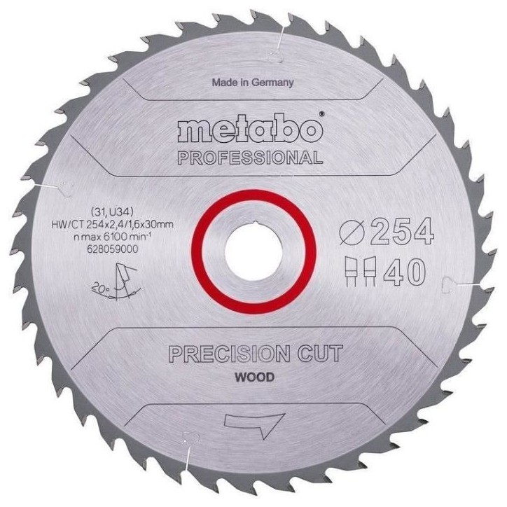 Lame de scie circulaire Pro - METABO - Precision Cut Wood HW/CT 254x30, 40 WZ 20°