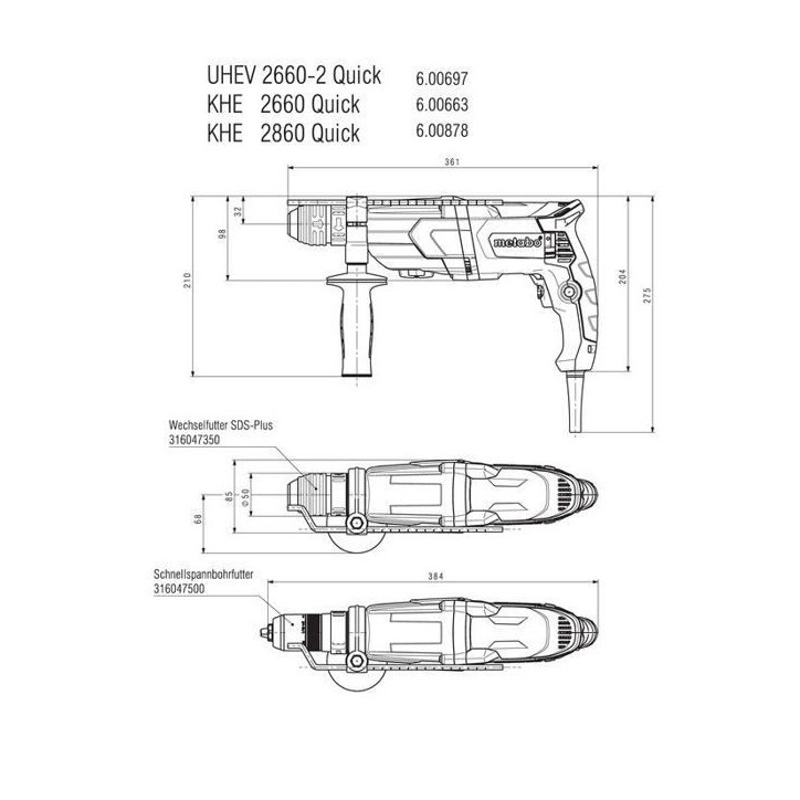 Marteau perforateur combiné - METABO - KHE 2660 Quick - SDS Plus et mandrin a serrage rapide - 3 joules