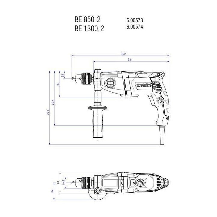 Perceuse - METABO - BEV 1300-2 - Mandrin a clé - Poignée supplémentaire - Béton Perceuse - METABO - BEV 1300-2 - Mandrin a clé - Poignée supplémentaire - Béton