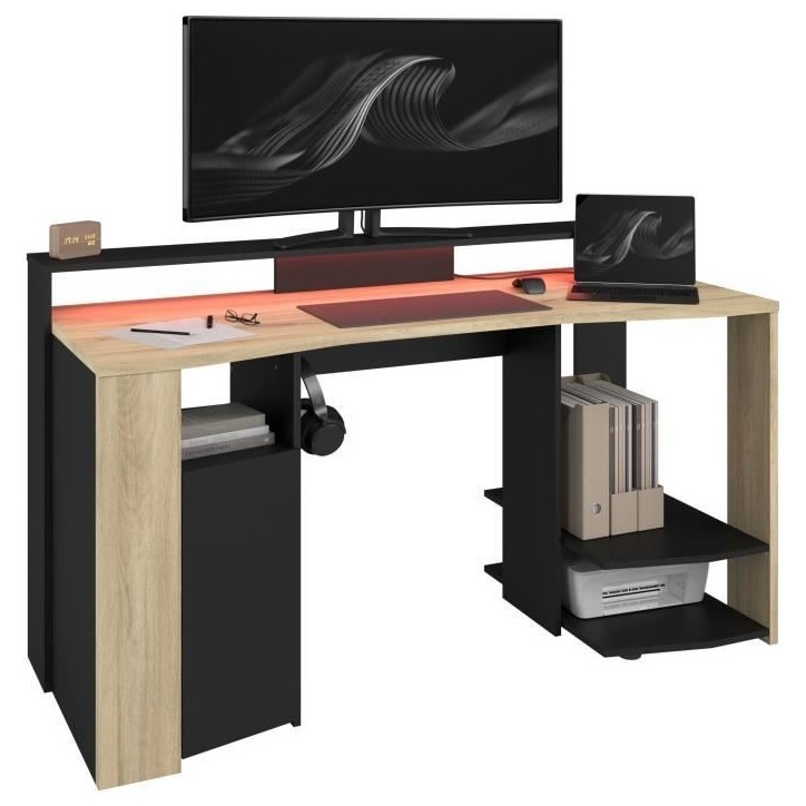 Bureau Gamer - META - Chene / Noir - 152 x 61,5 x 86,7 cm - PARISOT