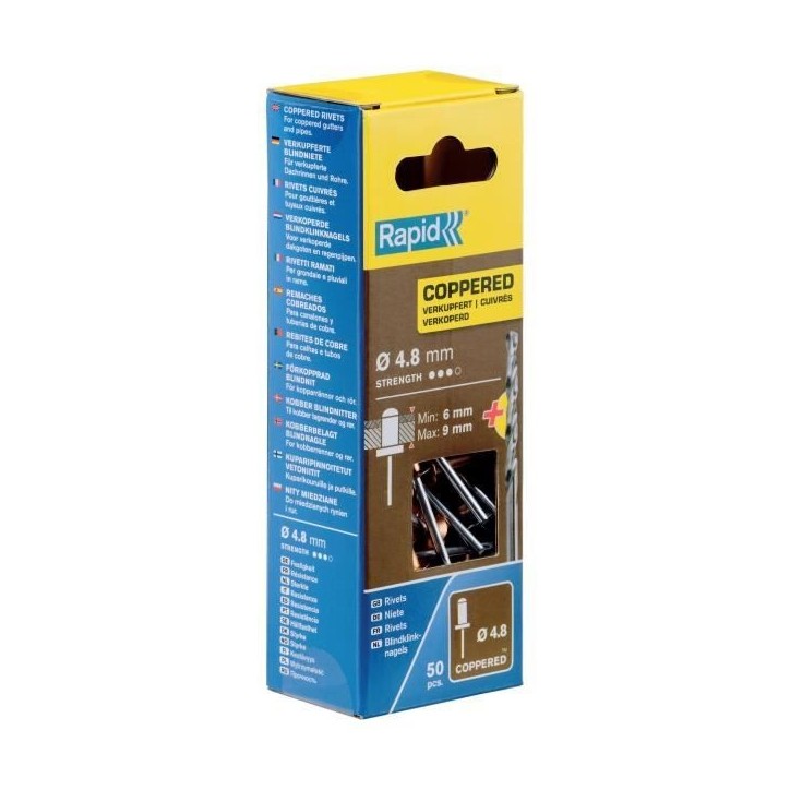 RAPID - Rivets cuivre Ø4,8 x 12mm, rivets aveugles pour placo, paroies creuses - Boîte 50 + 1 Foret - (5001467) RAPID - Rivets cuivre Ø4,8 x 12mm, rivets aveugles pour placo, paroies creuses - Boîte 50 + 1 Foret - (5001467)
