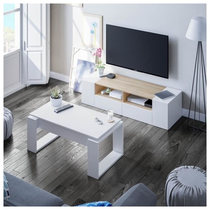 Table basse relevable - Mélaminé blanc - L 105 x P 55 x H 45 cm NOVA