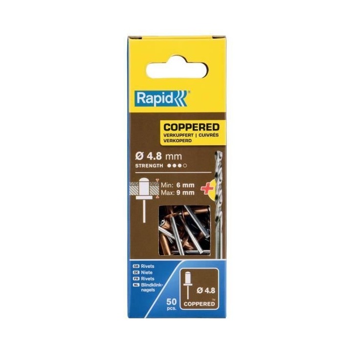 RAPID - Rivets cuivre Ø4,8 x 12mm, rivets aveugles pour placo, paroies creuses - Boîte 50 + 1 Foret - (5001467) RAPID - Rivets cuivre Ø4,8 x 12mm, rivets aveugles pour placo, paroies creuses - Boîte 50 + 1 Foret - (5001467)