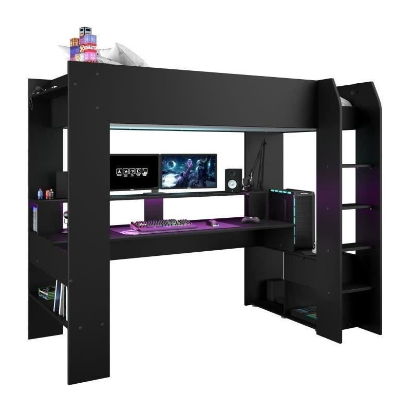 Lit mezzanine combiné enfant LED Gamer ONLINE - 90 x 200 cm - Noir ma Lit mezzanine combiné enfant LED Gamer ONLINE - 90 x 200 cm - Noir ma