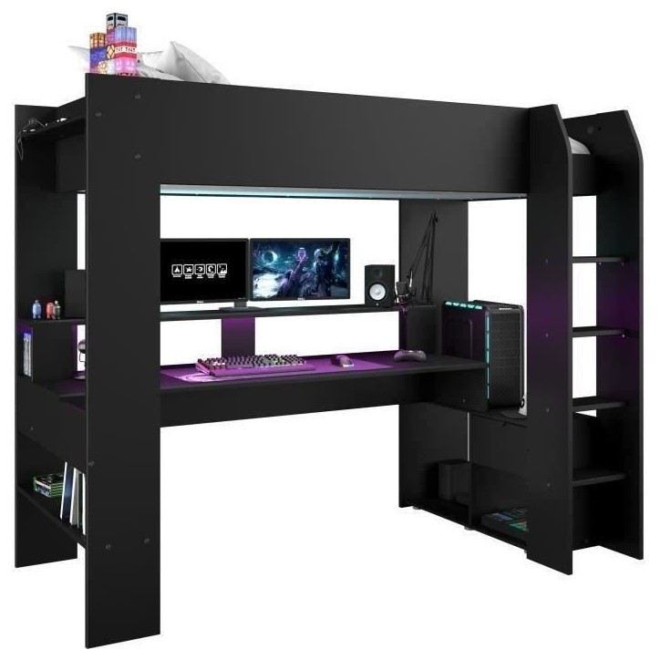 Lit mezzanine combiné enfant LED Gamer ONLINE - 90 x 200 cm - Noir mat - Sommier inclus - PARISOT Lit mezzanine combiné enfant LED Gamer ONLINE - 90 x 200 cm - Noir mat - Sommier inclus - PARISOT