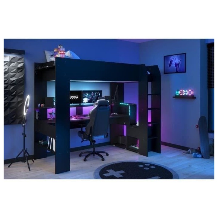 Lit mezzanine combiné enfant LED Gamer ONLINE - 90 x 200 cm - Noir mat - Sommier inclus - PARISOT Lit mezzanine combiné enfant LED Gamer ONLINE - 90 x 200 cm - Noir mat - Sommier inclus - PARISOT