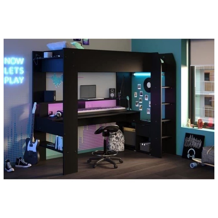 Lit mezzanine combiné enfant LED Gamer ONLINE - 90 x 200 cm - Noir mat - Sommier inclus - PARISOT Lit mezzanine combiné enfant LED Gamer ONLINE - 90 x 200 cm - Noir mat - Sommier inclus - PARISOT
