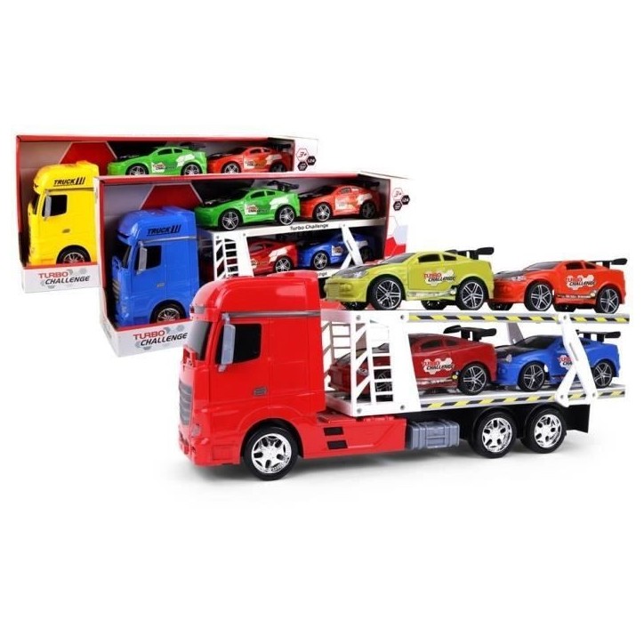 Véhicule d'Intervention - TURBO CHALLENGE - Camion Transport - 1/24 - 4 Voitures Sportives - Couleur Aléatoire Véhicule d'Intervention - TURBO CHALLENGE - Camion Transport - 1/24 - 4 Voitures Sportives - Couleur Aléatoire