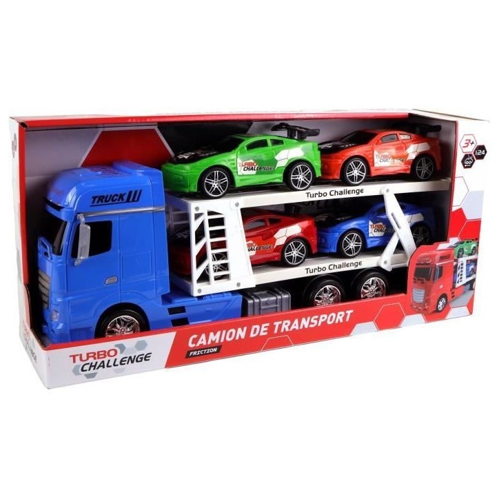 Véhicule d'Intervention - TURBO CHALLENGE - Camion Transport - 1/24 - 4 Voitures Sportives - Couleur Aléatoire Véhicule d'Intervention - TURBO CHALLENGE - Camion Transport - 1/24 - 4 Voitures Sportives - Couleur Aléatoire