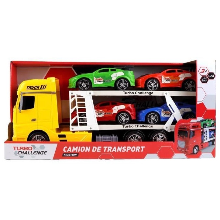 Véhicule d'Intervention - TURBO CHALLENGE - Camion Transport - 1/24 - 4 Voitures Sportives - Couleur Aléatoire Véhicule d'Intervention - TURBO CHALLENGE - Camion Transport - 1/24 - 4 Voitures Sportives - Couleur Aléatoire