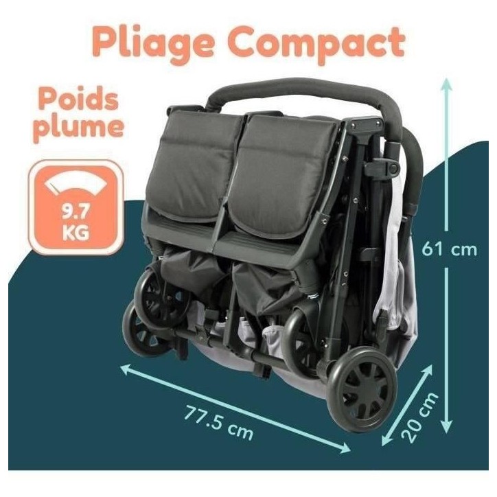 Bambisol - DS209 GRIS NOIR - Poussette Double Cote a Cote | Pour Jumeaux des la Naissance, Pliage Ultra-Compact | Noir Gris Bambisol - DS209 GRIS NOIR - Poussette Double Cote a Cote | Pour Jumeaux des la Naissance, Pliage Ultra-Compact | Noir Gris