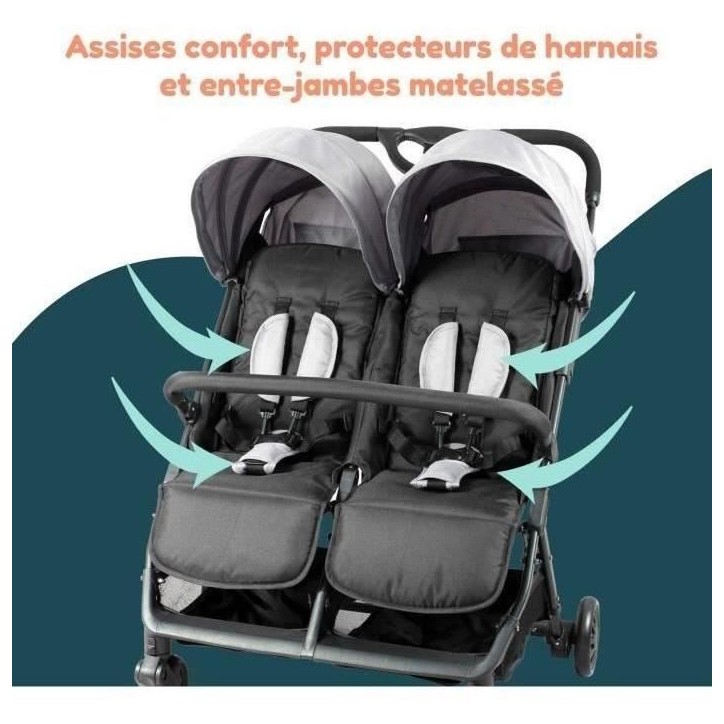 Bambisol - DS209 GRIS NOIR - Poussette Double Cote a Cote | Pour Jumeaux des la Naissance, Pliage Ultra-Compact | Noir Gris Bambisol - DS209 GRIS NOIR - Poussette Double Cote a Cote | Pour Jumeaux des la Naissance, Pliage Ultra-Compact | Noir Gris