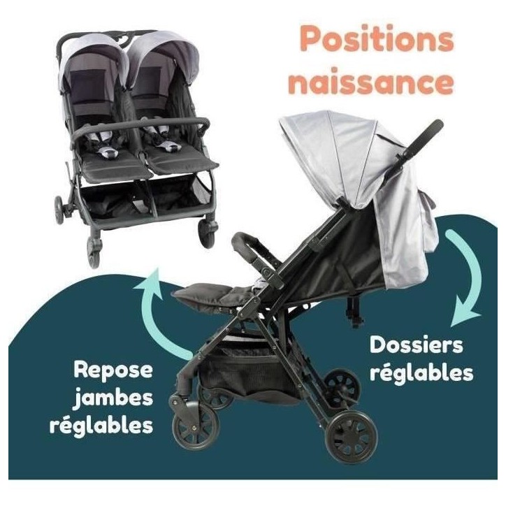 Bambisol - DS209 GRIS NOIR - Poussette Double Cote a Cote | Pour Jumeaux des la Naissance, Pliage Ultra-Compact | Noir Gris Bambisol - DS209 GRIS NOIR - Poussette Double Cote a Cote | Pour Jumeaux des la Naissance, Pliage Ultra-Compact | Noir Gris