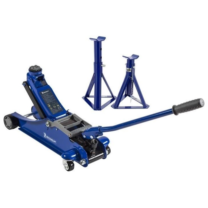 Cric hydraulique rouleur 1,8T + 2 Chandelles 2T - MICHELIN - Ht de levage cric : 105-350mm - Ht de levage chandelles : 266-355 m Cric hydraulique rouleur 1,8T + 2 Chandelles 2T - MICHELIN - Ht de levage cric : 105-350mm - Ht de levage chandelles : 266-355 m