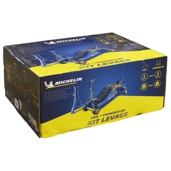 Cric hydraulique rouleur 1,8T + 2 Chandelles 2T - MICHELIN - Ht de levage cric : 105-350mm - Ht de levage chandelles : 266-355 m Cric hydraulique rouleur 1,8T + 2 Chandelles 2T - MICHELIN - Ht de levage cric : 105-350mm - Ht de levage chandelles : 266-355 m