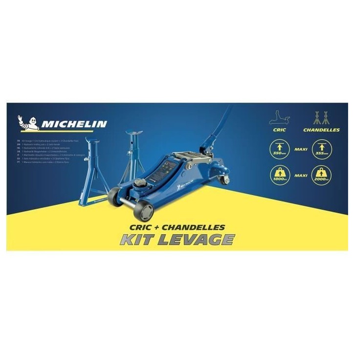 Cric hydraulique rouleur 1,8T + 2 Chandelles 2T - MICHELIN - Ht de levage cric : 105-350mm - Ht de levage chandelles : 266-355 m Cric hydraulique rouleur 1,8T + 2 Chandelles 2T - MICHELIN - Ht de levage cric : 105-350mm - Ht de levage chandelles : 266-355 m