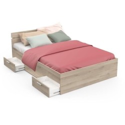 Lit adulte - MICHIGAN - 140 x 200 cm - 2 tiroirs / 1 niche - Chene Kro