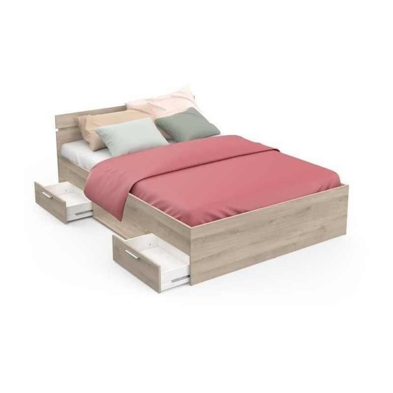 Lit adulte - MICHIGAN - 140 x 200 cm - 2 tiroirs / 1 niche - Chene Kro Lit adulte - MICHIGAN - 140 x 200 cm - 2 tiroirs / 1 niche - Chene Kro