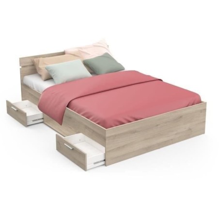 Lit adulte - MICHIGAN - 140 x 200 cm - 2 tiroirs / 1 niche - Chene Kro