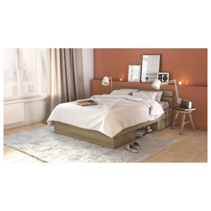 Lit adulte - MICHIGAN - 140 x 200 cm - 2 tiroirs / 1 niche - Chene Kronberg - DEMEYERE Lit adulte - MICHIGAN - 140 x 200 cm - 2 tiroirs / 1 niche - Chene Kronberg - DEMEYERE