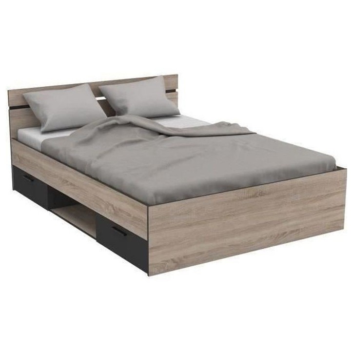DEMEYERE Michigan Lit adulte 140x190 cm - 2 tiroirs et 1 niche - Industriel - Décor chene brossé et noir DEMEYERE Michigan Lit adulte 140x190 cm - 2 tiroirs et 1 niche - Industriel - Décor chene brossé et noir
