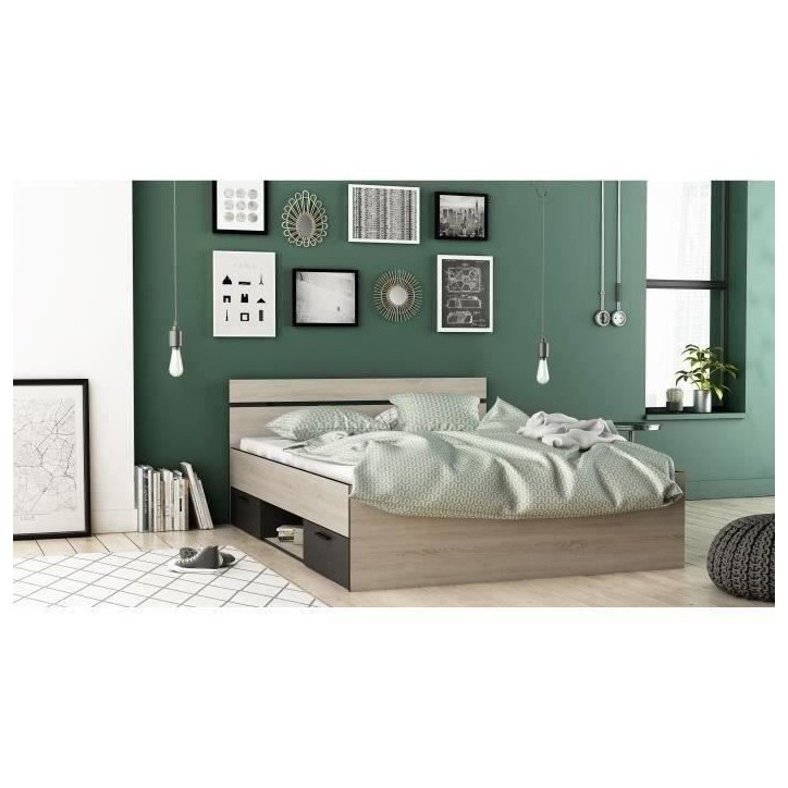 DEMEYERE Michigan Lit adulte 140x190 cm - 2 tiroirs et 1 niche - Industriel - Décor chene brossé et noir DEMEYERE Michigan Lit adulte 140x190 cm - 2 tiroirs et 1 niche - Industriel - Décor chene brossé et noir