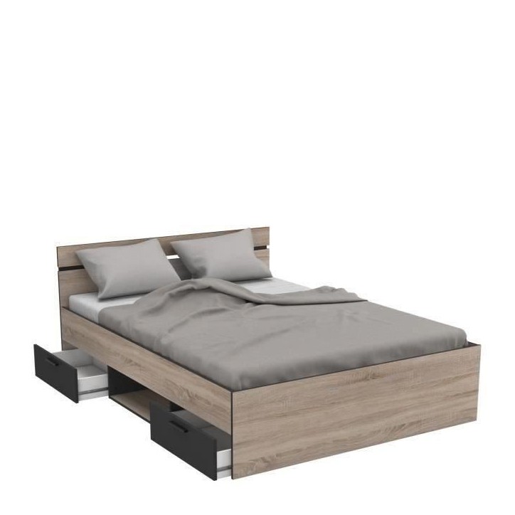 DEMEYERE Michigan Lit adulte 140x190 cm - 2 tiroirs et 1 niche - Industriel - Décor chene brossé et noir DEMEYERE Michigan Lit adulte 140x190 cm - 2 tiroirs et 1 niche - Industriel - Décor chene brossé et noir