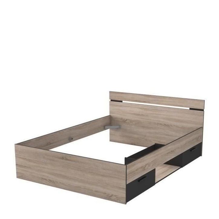 DEMEYERE Michigan Lit adulte 140x190 cm - 2 tiroirs et 1 niche - Industriel - Décor chene brossé et noir DEMEYERE Michigan Lit adulte 140x190 cm - 2 tiroirs et 1 niche - Industriel - Décor chene brossé et noir