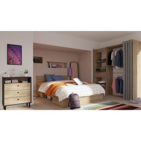 Demeyere Lit adulte MICHIGAN - 160 x 200 cm - Mulitiples rangements - Chene brossé