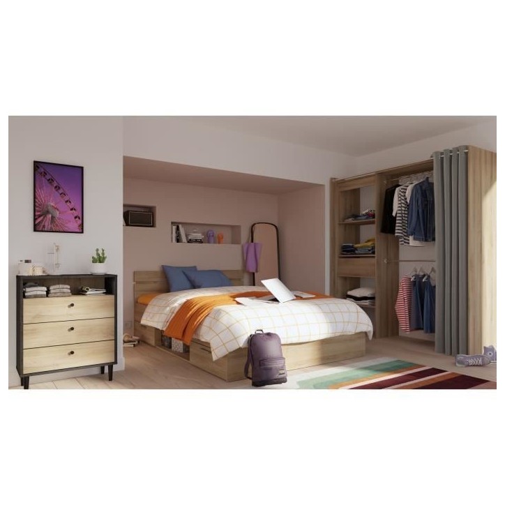 Demeyere Lit adulte MICHIGAN - 160 x 200 cm - Mulitiples rangements - Chene brossé Demeyere Lit adulte MICHIGAN - 160 x 200 cm - Mulitiples rangements - Chene brossé