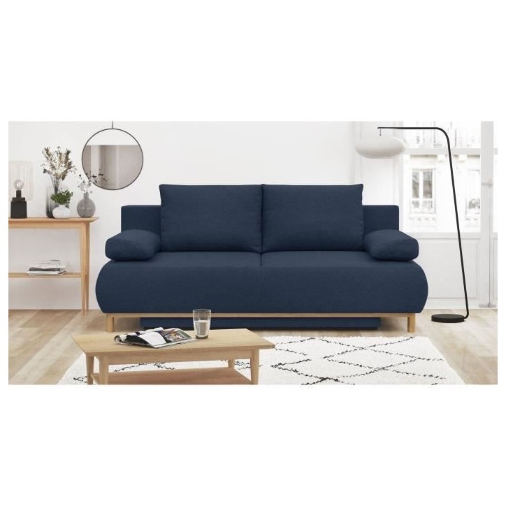 Banquette convertible 3 places MIKA - Tissu bleu foncé - Coffre de rangement - L 192 x H 84 x P 93 cm Banquette convertible 3 places MIKA - Tissu bleu foncé - Coffre de rangement - L 192 x H 84 x P 93 cm
