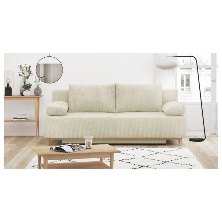 Banquette convertible 3 places MIKA - Velours côtelé Beige - Coffre de rangement - L 192 x H 84 x P 93 cm Banquette convertible 3 places MIKA - Velours côtelé Beige - Coffre de rangement - L 192 x H 84 x P 93 cm