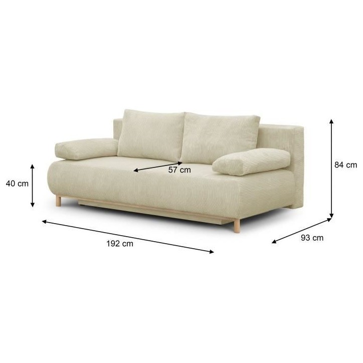 Banquette convertible 3 places MIKA - Velours côtelé Beige - Coffre de rangement - L 192 x H 84 x P 93 cm Banquette convertible 3 places MIKA - Velours côtelé Beige - Coffre de rangement - L 192 x H 84 x P 93 cm