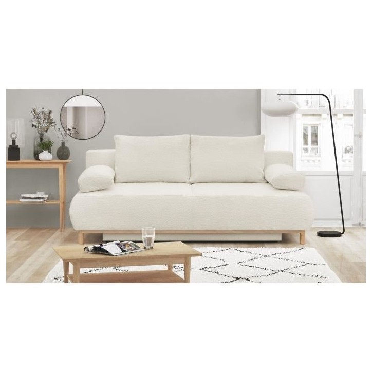 Banquette convertible 3 places MIKA - Tissu Bouclette beige - Coffre de rangement - L 192 x H 84 x P 93 cm Banquette convertible 3 places MIKA - Tissu Bouclette beige - Coffre de rangement - L 192 x H 84 x P 93 cm