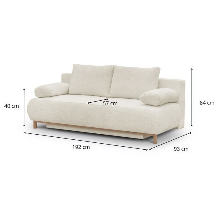 Banquette convertible 3 places MIKA - Tissu Bouclette beige - Coffre de rangement - L 192 x H 84 x P 93 cm Banquette convertible 3 places MIKA - Tissu Bouclette beige - Coffre de rangement - L 192 x H 84 x P 93 cm