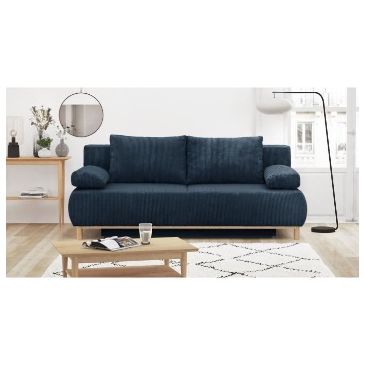 Banquette convertible 3 places MIKA - Velours côtelé bleu foncé - Coffre de rangement - L 192 x H 84 x P 93 cm Banquette convertible 3 places MIKA - Velours côtelé bleu foncé - Coffre de rangement - L 192 x H 84 x P 93 cm